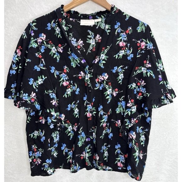 Anthropologie Maeve Aveiro Women's Black Floral Flutter Sleeve Top Size Large - Picture 7 of 10